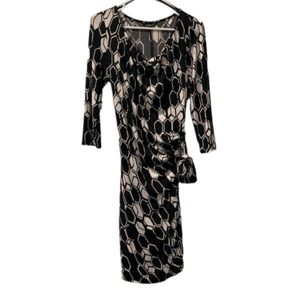 Glamour Black Tan Tie Dress 3/4 Sleeve Size 12/14 EUC #0021